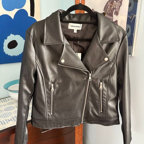 NWT Vigoss Vegan Leather Black Motorcycle Jacket w/ Silver Hardware size L - Picture 2 of 8